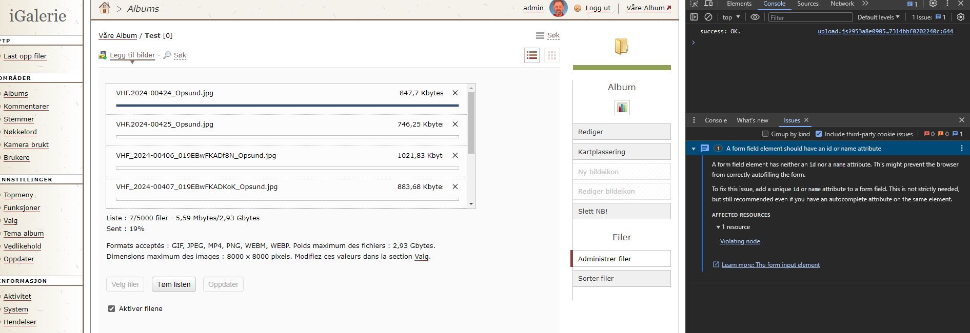 screenshot F12 error on upload